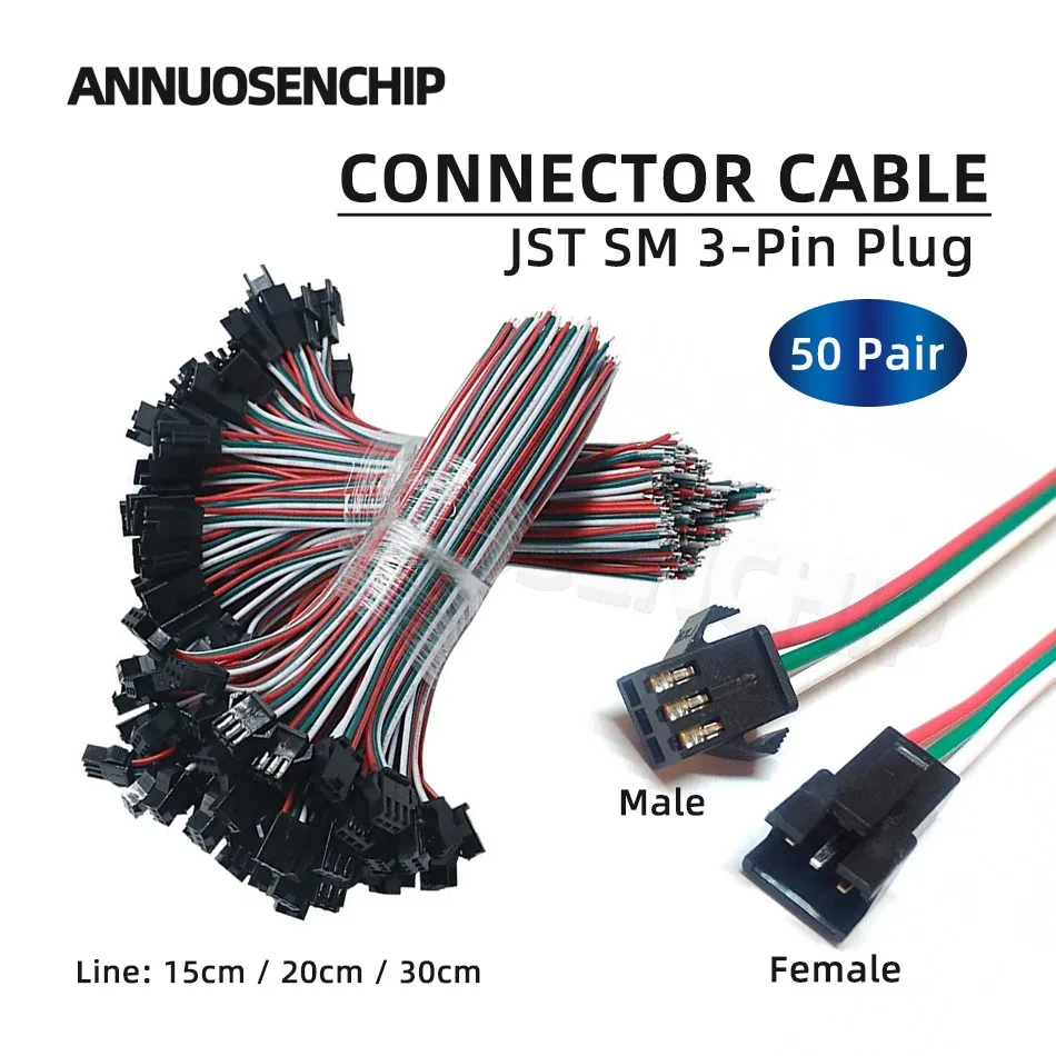 Cable de extensión de enchufe JST SM de 3 pines para tira de luces RGB 100 2812B, conector LED macho/hembra, 50 pares (2811 piezas)
