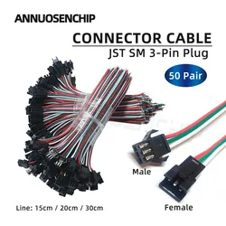 50 Pairs (100 Pc) 3Pin LED Connector Male/Fample to Cable JST SM 3-pin Plug Extension Wire for 2811 2812B RGB Strip Lights Lamp