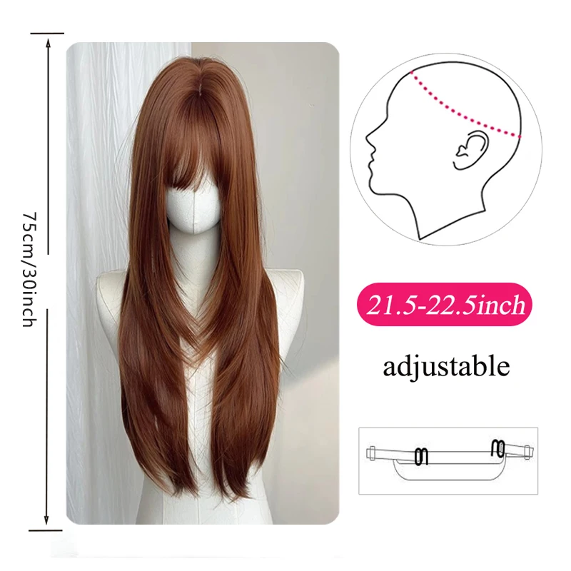 Wig untuk wanita dengan rambut lurus panjang, coklat oranye, Lolita kelas atas, perawatan kecantikan harian, dan set kepala penuh anti penuaan