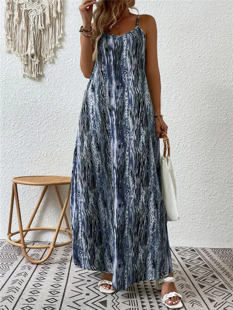 2023 Frauen sexy Riemen Mode lose langes Kleid Sommer neue Vintage-Druck lässig Urlaub Böhmen Robe Maxi Vestidos Strand kleid
