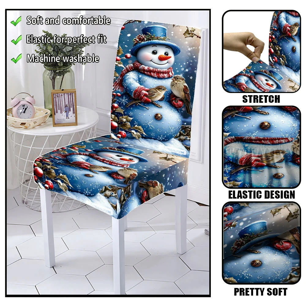 Blue Top Hat Snowman Robin Bird Holly Red Berry Snowflake Dining Chair Slipcover Stretch Xmas Holiday Chair Cover