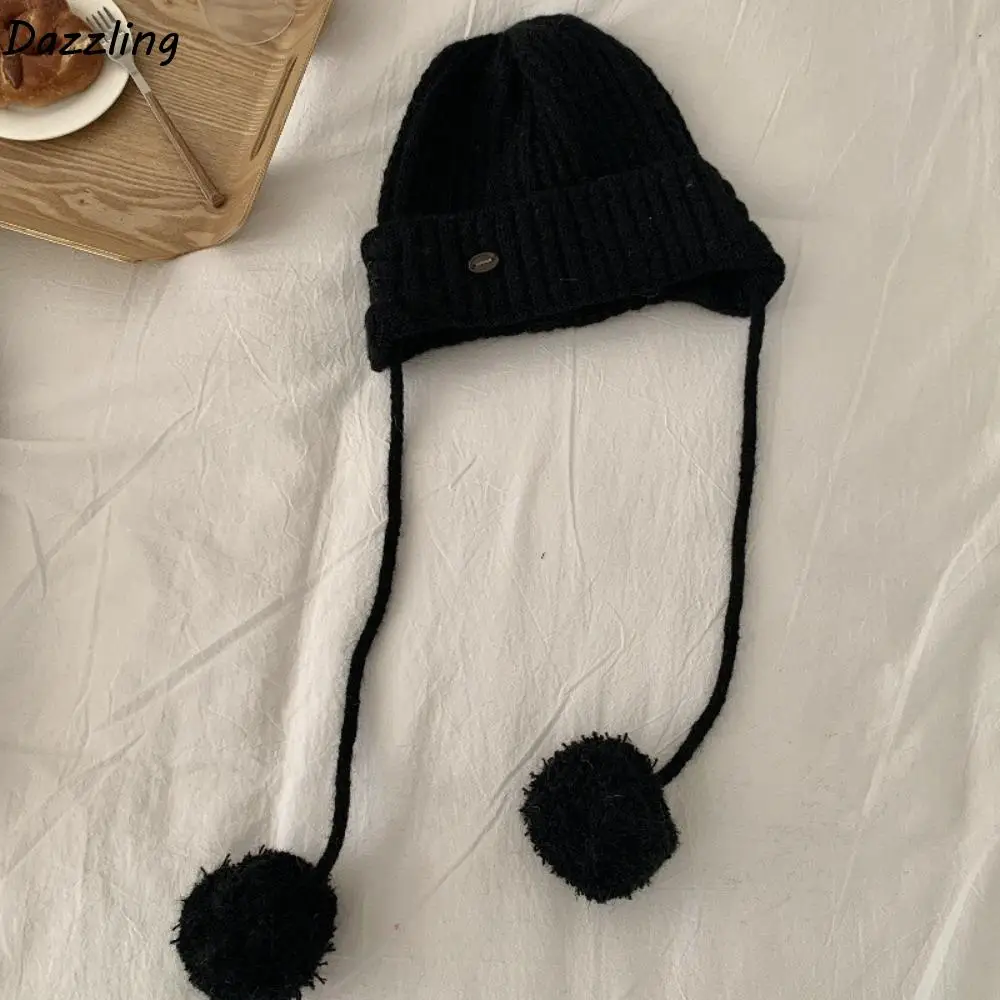 

Japanese Winter Y2k Knitted Cap Windproof Thick Pom-pom Knit Cap Soft Warm Casual Beanie Hats Female