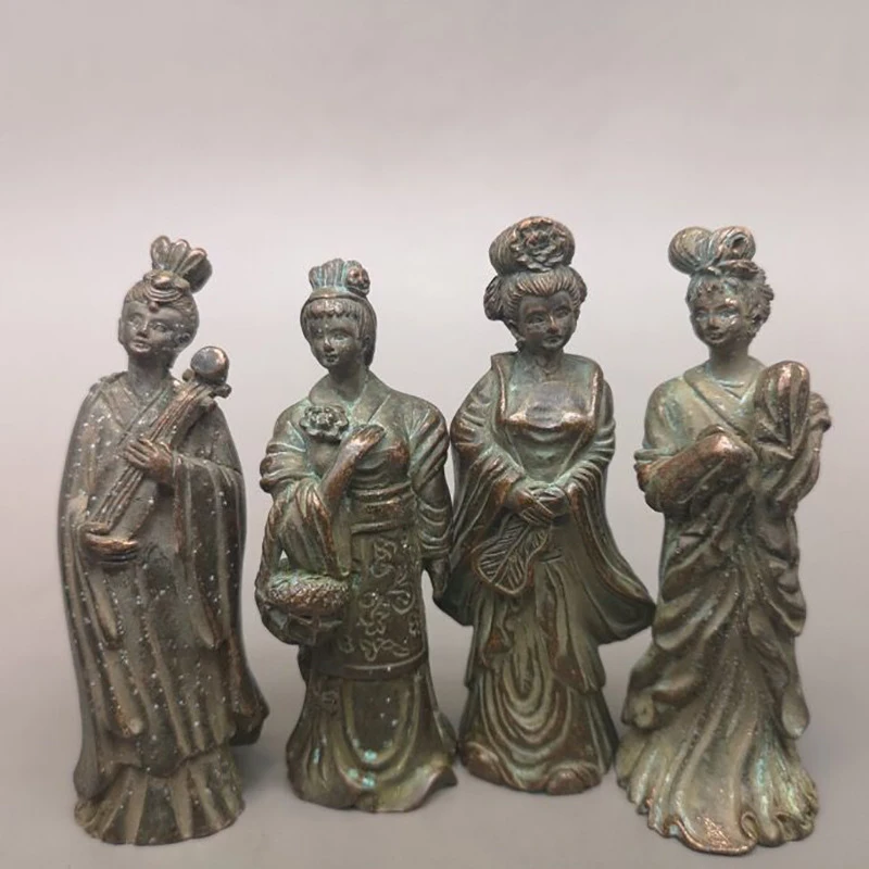 Antique Collectible: A Set of Four Beautiful Women in Bronze for Home Living Room Decoration, Brass Female Figure Ornament Craft
