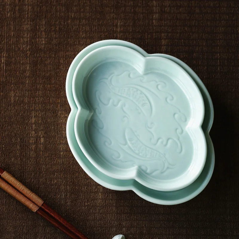 ★Jingdezhen Begonia Plate Hotel Club Features Tableware Plate Fruit Plate Tea Pot Bearing Carved Celadon