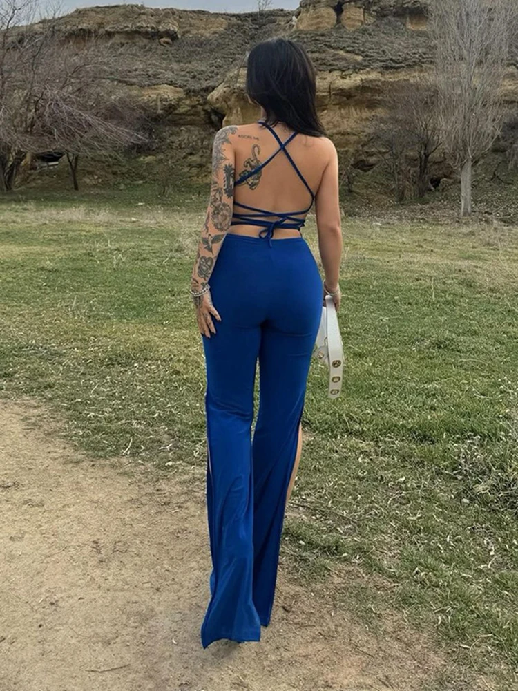 Sibybo Sexy Halter Rugloze Bandage Jumpsuit Effen Kleur Mouwloze Skinny Causale Broek 2024 Lente En Zomer Dames Laars Cut