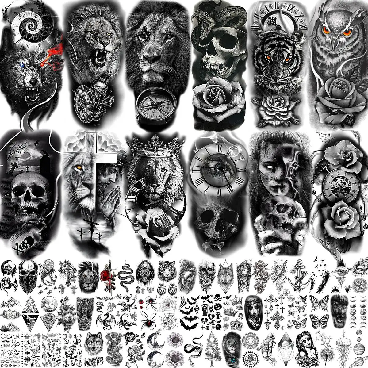 Tatuajes temporales de manga grande para hombres y mujeres, pegatina de tatuaje falso para antebrazo, tigre negro, León, búho, Calavera, tatuajes