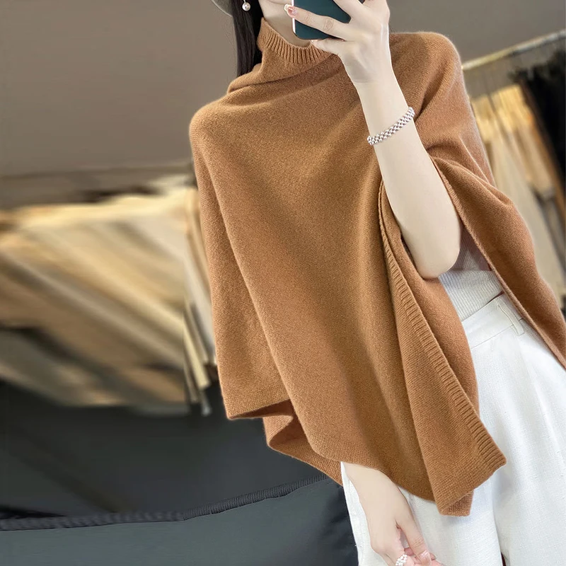 Turtleneck Cashmere Poncho Pullover Shawls 100%Wool Knitted Irregular Cloak Fashion Soft Warm Wollen Bat Sleeve Loose Pullovers