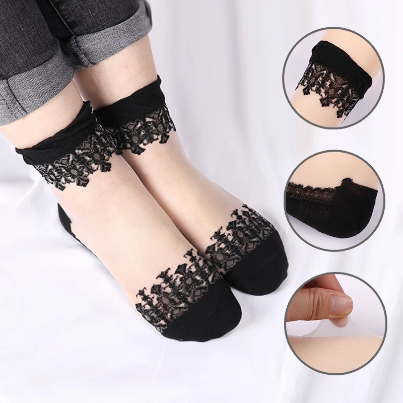 

2023 Elastic Socks Crystal Glass Silk Ultrathin Lace Literary Sale 4 Pairs Summer Transparent Short Socks