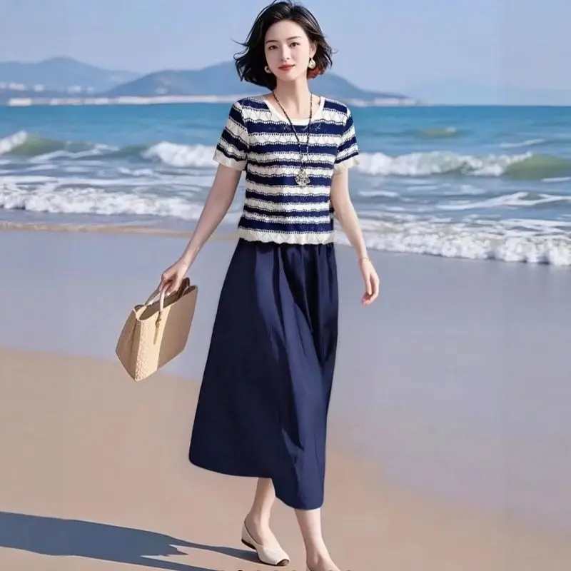 

Women's 2PCS Knit Striped Top & Midi Skirt Set Casual Summer Beach Outfit