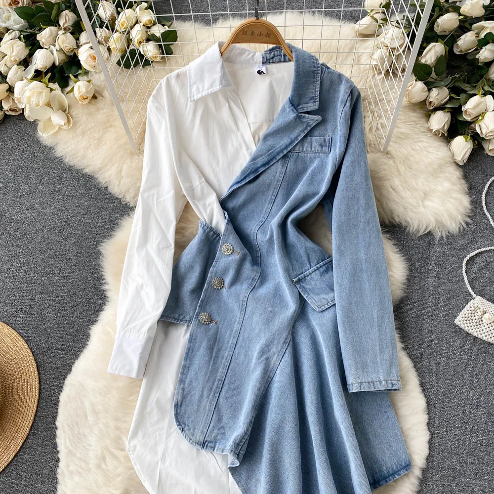 Women\'s Irregular Splicing Denim Dress Long-sleeved Shirt Patchwork Cowboy Temperamen Design Jeans Shirts Dresses