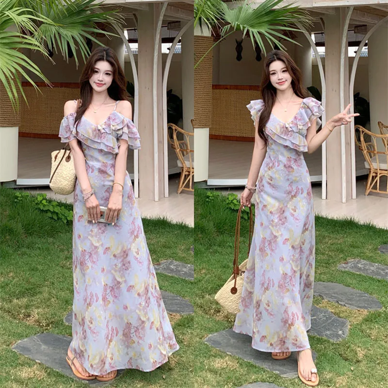 Women's Floral Print Cold Shoulder Maxi Dress 2026 New Ruffle Spaghetti Strap V Neck Flowy Summer Beach Dress Brohemia Dresses