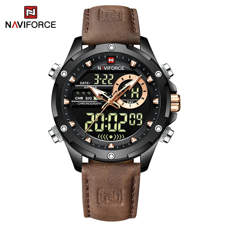 NAVIFORCE Men's Fashion Watch Charm Eye-catching Week Date Time Display Soft Leather Strap Luminous Pointer LED Display Gift Men