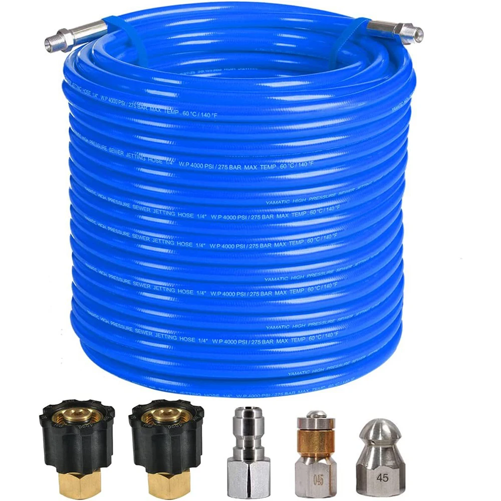 

Комплект канализационных промывочных промывателей 30 м/45 м для мойки высокого давления, 4000 фунтов на квадратный дюйм, шланг для очистки канализации, угол 1/4 дюйма с 2 насадками для канализации