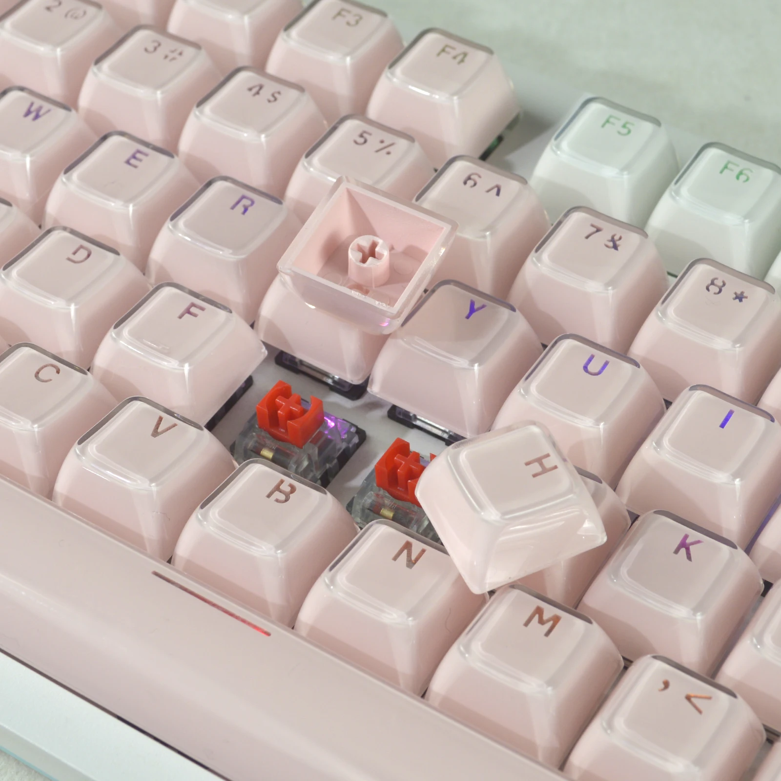 Imagem -05 - Geléia Ice Crystal Keycaps Teclado Mecânico Cereja Perfil Inglês Keycap Grupo Rosa-branco mx Gateron Switches Faça Você Mesmo 136 Pcs