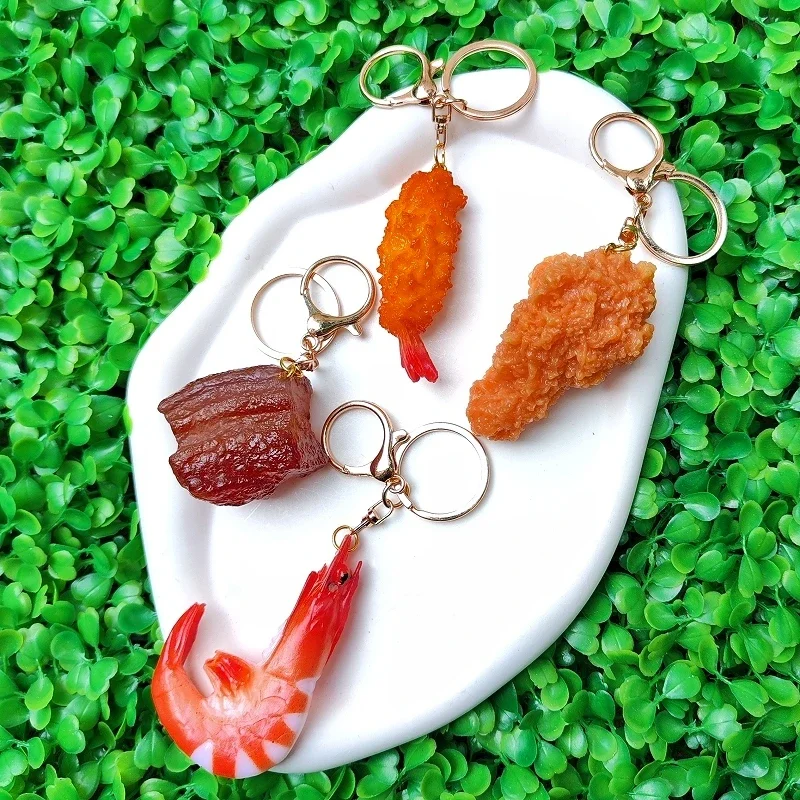 Interesting Braised Pork Red Shrimp Fried Chicken Keychain for Men Women Cute Bag Jewelry Novelty Key Chain Fashion Accessories