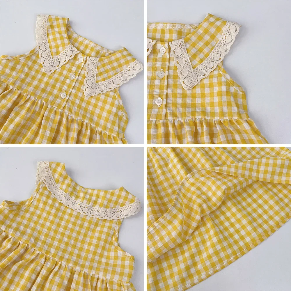 Casual Landschaft Stil Sommer Neue Spitze Revers Ärmelloses Plaid Kleid für Mädchen Süße Kleidung Koreanische Version – Detail 7