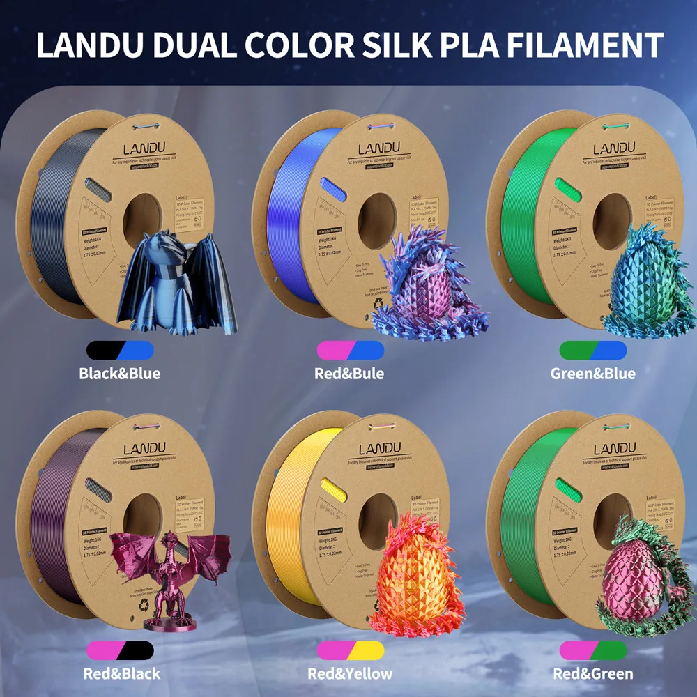 LANDU Silk PLA Dual Color Filament 1.75mm 1kg 3D Printer Filament Two Color Gradient Shiny Silk PLA High Gloss for 3D Printing 3
