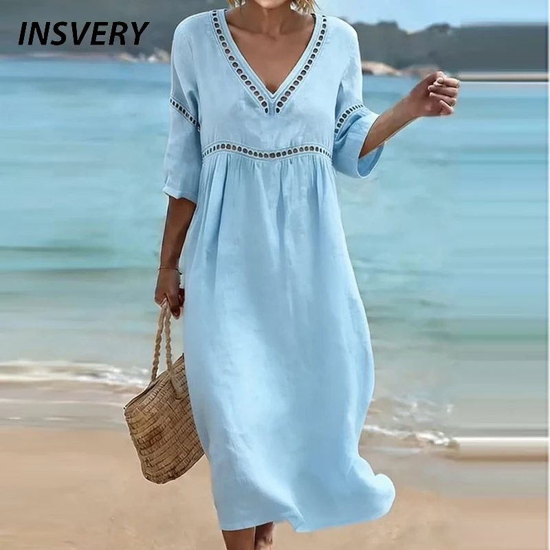 Robe d'été décontractée pour femme, col en V, manches courtes, coupe ample, style bohème, ajourée, couleur unie, longueur midi, idéale pour la plage et les vacances