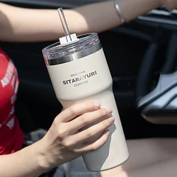 700ML Double Drink Insulation Cup Stainless Steel Straw Thermos Water Bottle Portable Large Outdoor Coffee Thermal Car Ice Mug