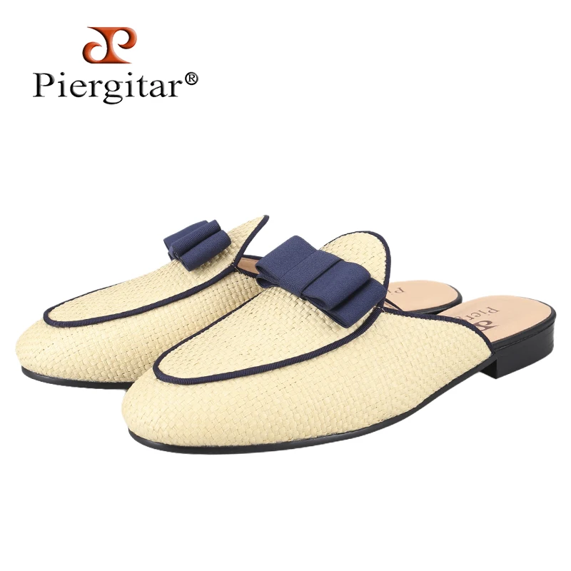 Piergitar Summer Style Men's Mule In Ivory Woven Rattan Grass Handmade Bowtie Trendy Design Slippers For Formal Or Casual Wear