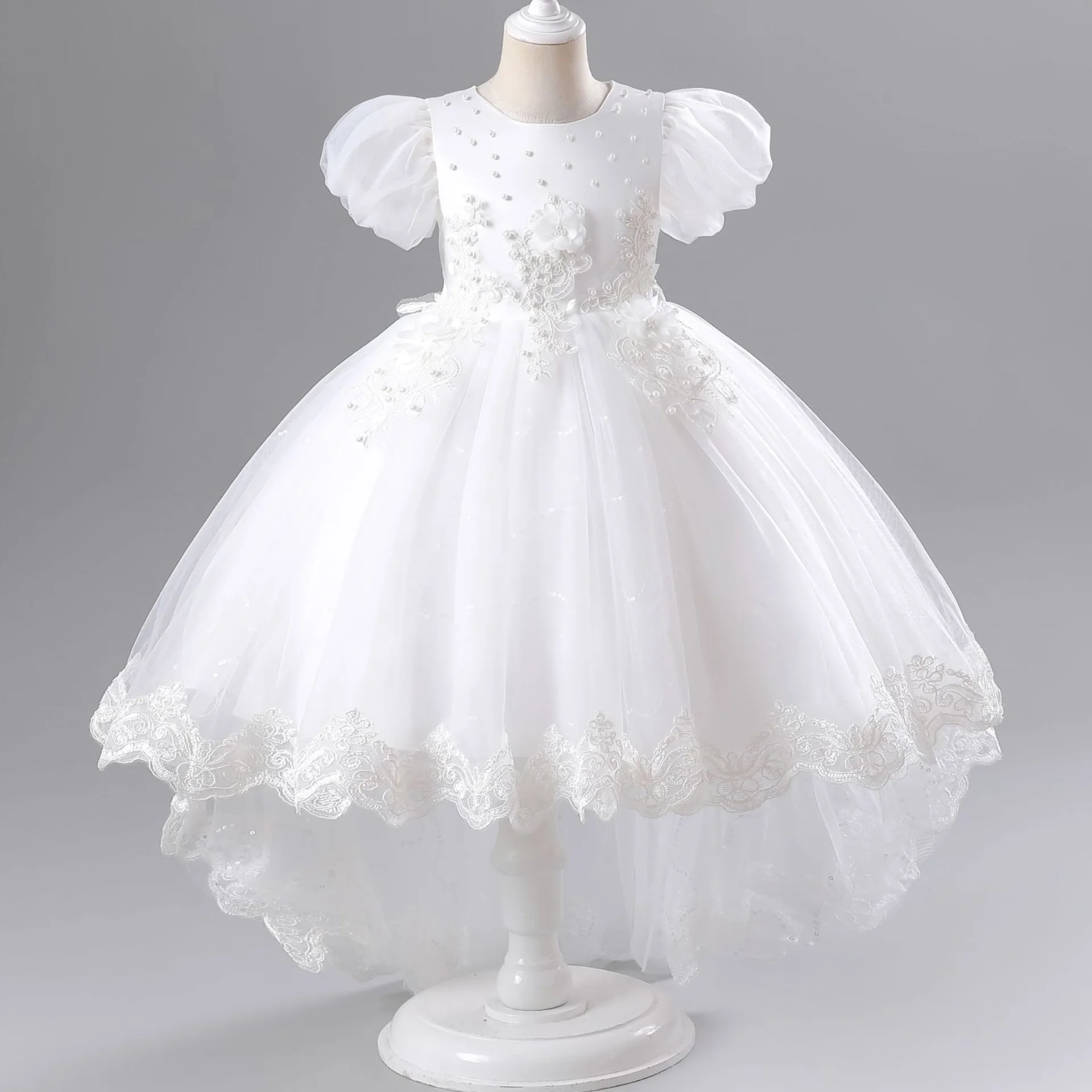 New Children\'s Dress Lace Trail Princess Dress Mesh Applique Bubble Sleeve Wedding Flower Boy Bow Sweet and Cute Dress