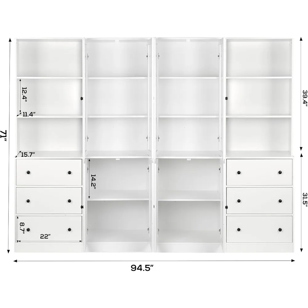 Vertical wooden filing cabinet, 3 tiers of modern bookshelves, 3 large drawers, open storage shelves, glass doors image 2