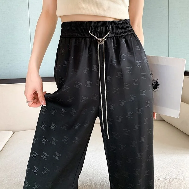 

Black Ice Silk Wide Leg Pants for Women, Summer Thin, High Waist, Sagging, Straight Tube, Cool Sunscreen Pants, Pants