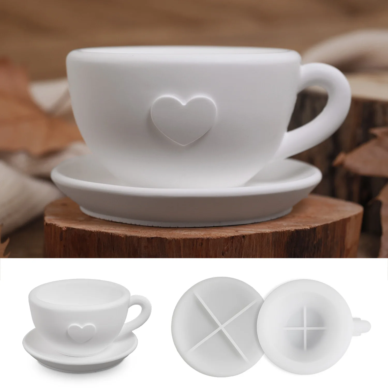 DIY Herzförmige Teeservice-Kerzenbecher-Ornament-Silikonform für Gips-, Beton- und Harzguss, Kaffeetassen-Tablett, dekorative Bastelarbeiten