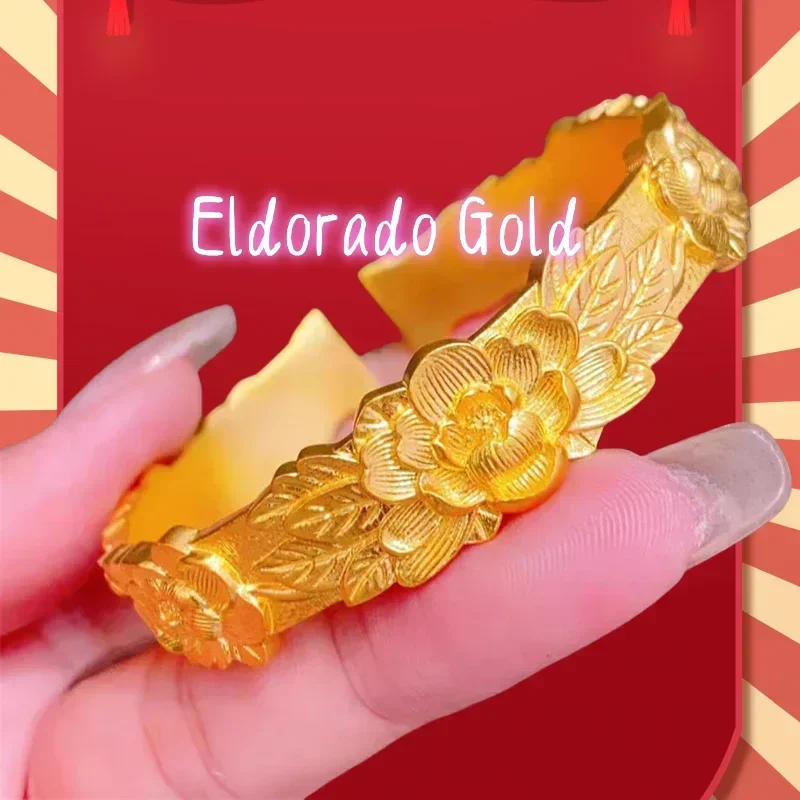 

Золотой браслет Eldorado Gold 2025 из высококачественного золота 750 пробы (18 карат) с винтажным цветком пиона, женский, с открытым концом, эффектный и внушительный