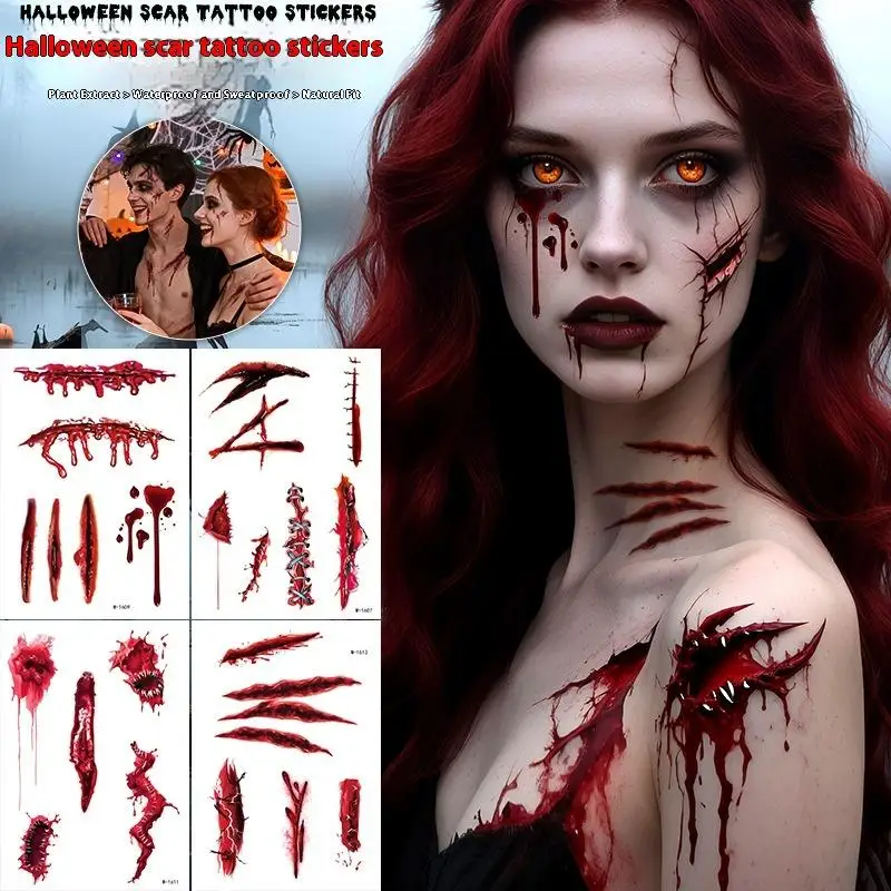 1 Sheet Halloween Scar Tattoo Stickers Temporary Bloodstain Wound Costume Accessory for Festival Celebration Make-Up Arm & Face