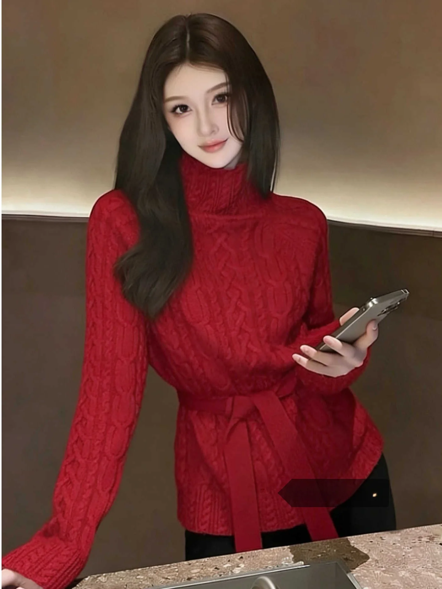 

Женский вязаный свитер Ele Red с высоким воротником, оверсайз, весна 2026, свободный крой, в стиле lazy, с утяжкой на талии, верхняя одежда