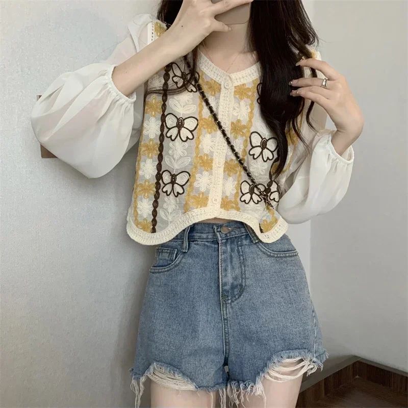 

Вязаный крючком топ с цветочной вышивкой, шифоновая блузка с длинными рукавами и пуговицами спереди, женская блузка из двух предметов Fairycore Cottagecore blusas para mujer