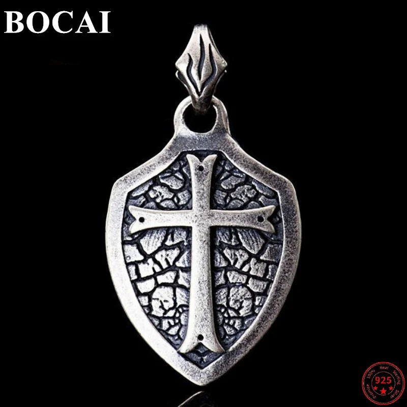 BOCAI S925 Sterling Silver Pendants for Men Women New Men's Fashion Shield Cross Punk Pure Argentum Amulet Popular Jewelry