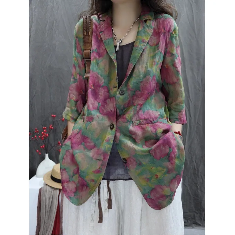 

Authentic Summer 2026 Floral Print Loose Fit Casual Versatile Long Sleeve Women's Suiting Jacket Polyester Fiber Single Button