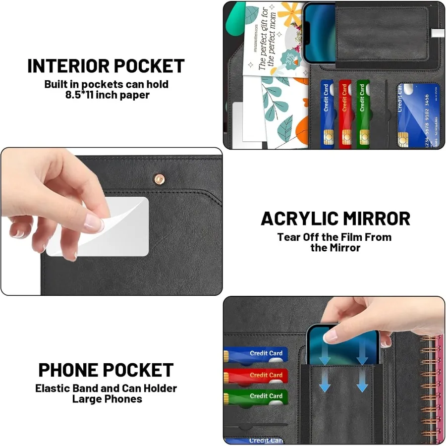 Leather Spiral Padfolio Padfolio for Men with clipboard with a Mirror 5 Folders with 10 Pots Portfolio Binder Clipboard with St