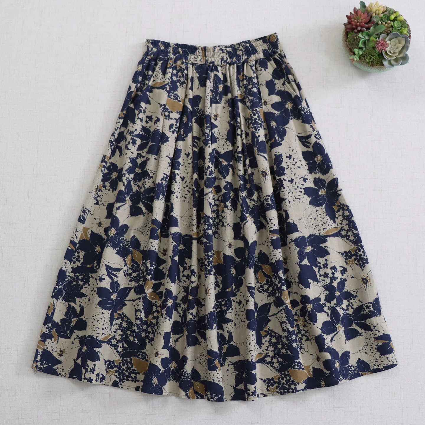 Japanese Vintage Mori Girl Floral Printed Cotton Midi Skirts Women Spring New Elastic Waist Casual Loose A-Line Pleated Skirts
