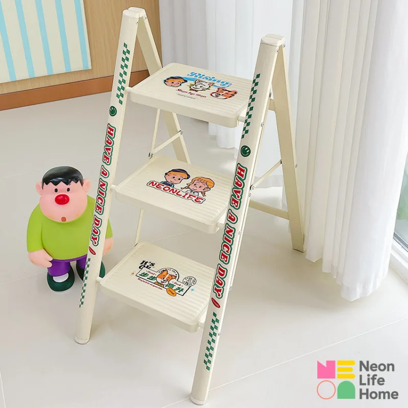 Folding Ladder for Home Use, Thickened Indoor Cartoon Dopamine Multifunctional Two-step Three-step Carbon Steel Ladder