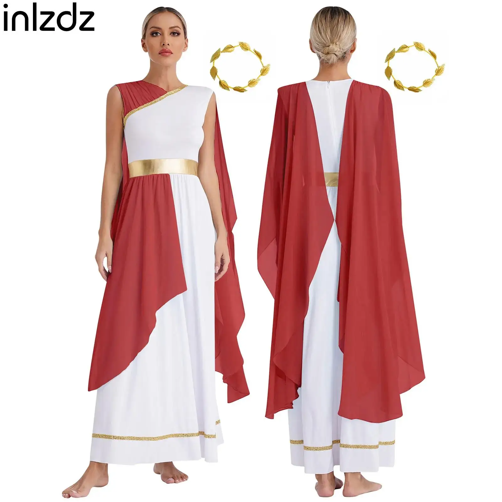 

Womens Halloween Greek Beauty Carnival Cosplay Costume Gold Leaves Garland Headwear Chiffon Cap Sleeve Ancient Toga Dress Outfit