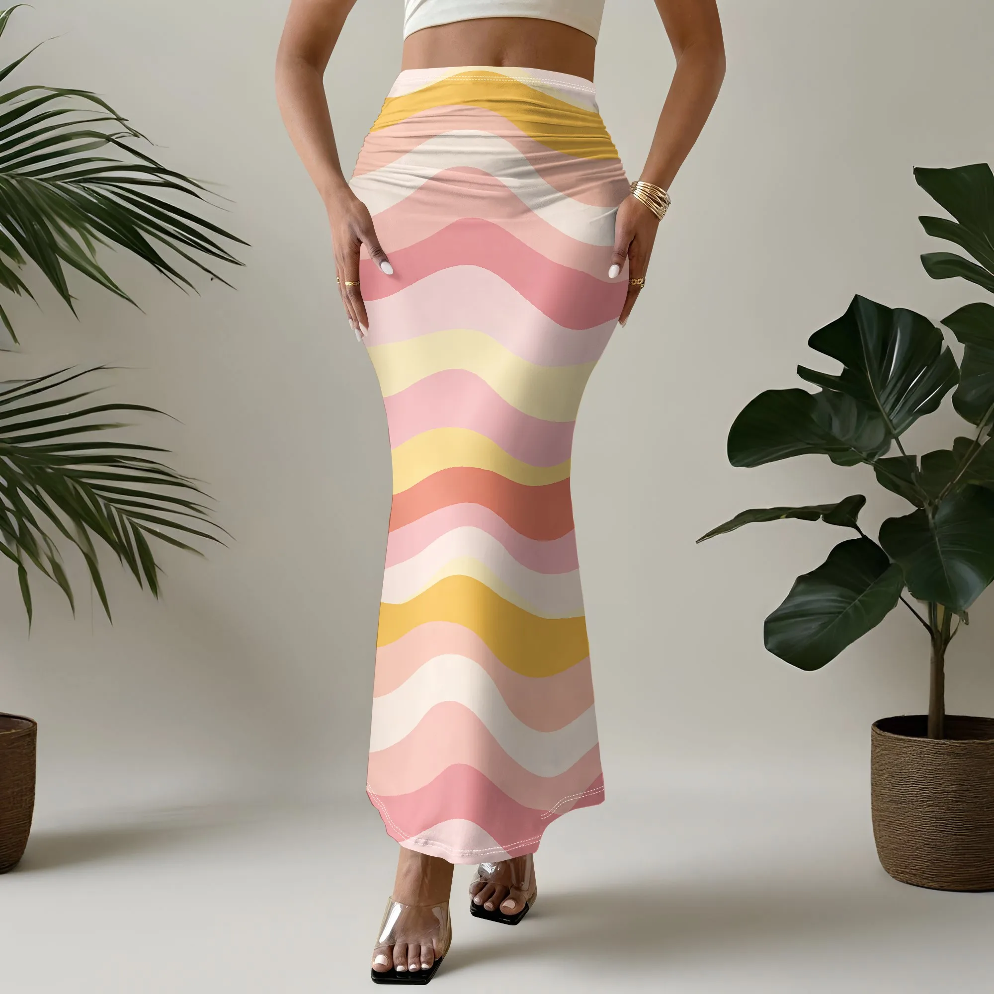 Printed Mermaid Skirt, Wavy Striped Maxi Skirt, Pastel Wave Pattern Long Skirt, Summer Beach Wear for Women, S-2XL