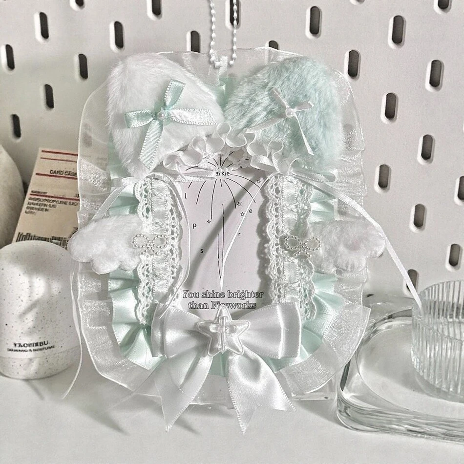 Handmade Fluffy Cat Ear PVC Photocard Holder With Hang Chain Assorted Colors Lace Satin Bow Ruffle Trim 3 Inch KPOP Polaroid Anime Case Cute Lolita Fan Portable DIY Decor Trading Card Protector Storage Cover