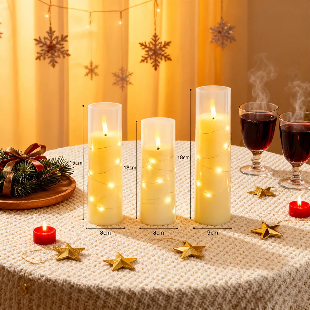 3 قطعة شموع LED عديمة اللهب مع سلسلة نجمة مدمجة تعمل بالبطارية شموع وامضة LED للديكور المنزلي
