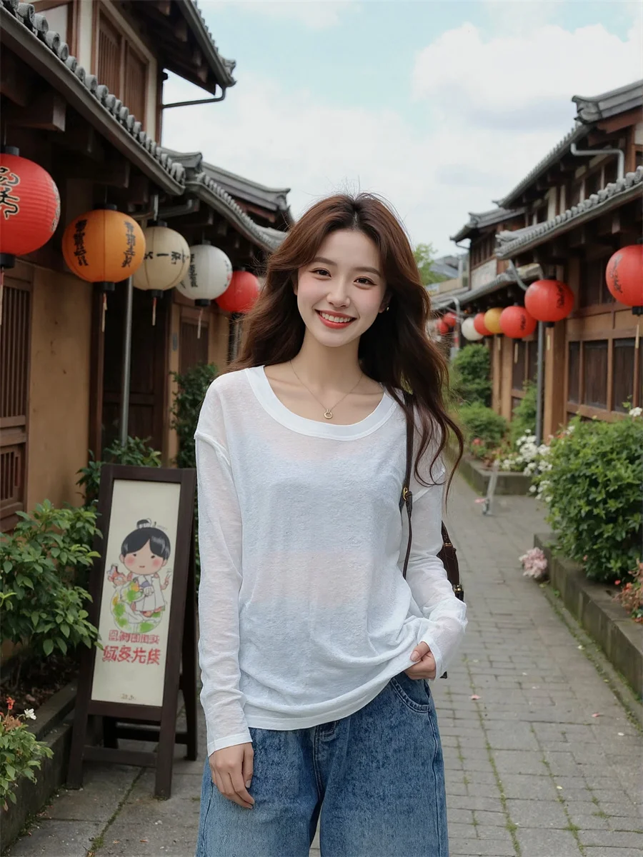 긴 소매 티셔츠 여성용 모달 플레어 갤러리 투어 전시회 방문 예술적 나들이