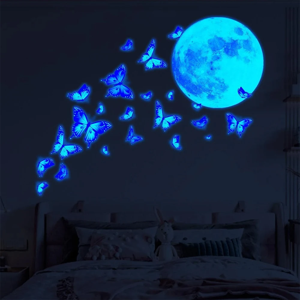 4Pcs/Set Moon & Butterfly Glow In The Dark Wall Sticker Bedroom Home Wall Decoration