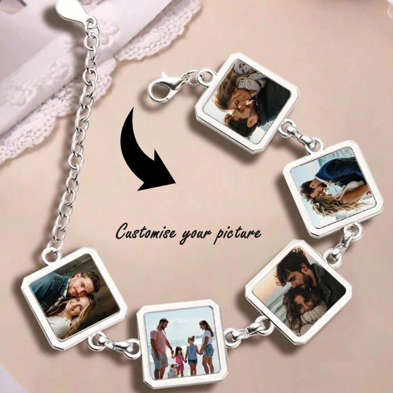 Custom 5 Photo Bracelets, Personalised Picture Pendant Jewellery, Logo Pendant Bracelet, Meaningful Commemorative Gift