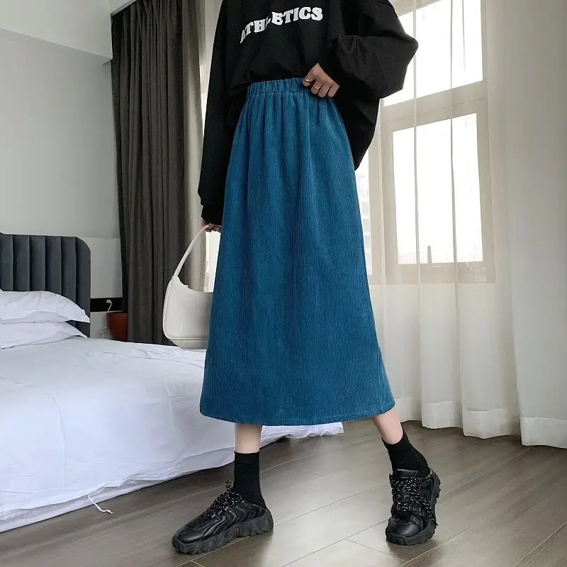 New Corduroy Temperament Skirt length Dress with Split Waist Wrap Hip Skirt for Women in Autumn Winter Sweater Half length Skirt