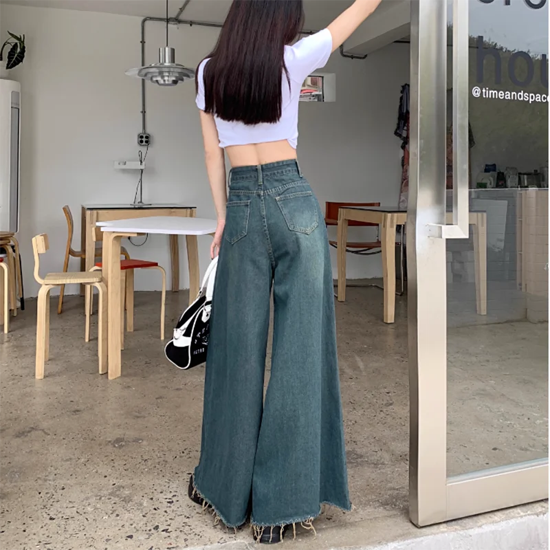 Women's Vintage High-Waisted Jeans with Raw Edges, Loose Wide-Leg Long Jeans, Casual Clothing, Elegant Design, Spring, Summer