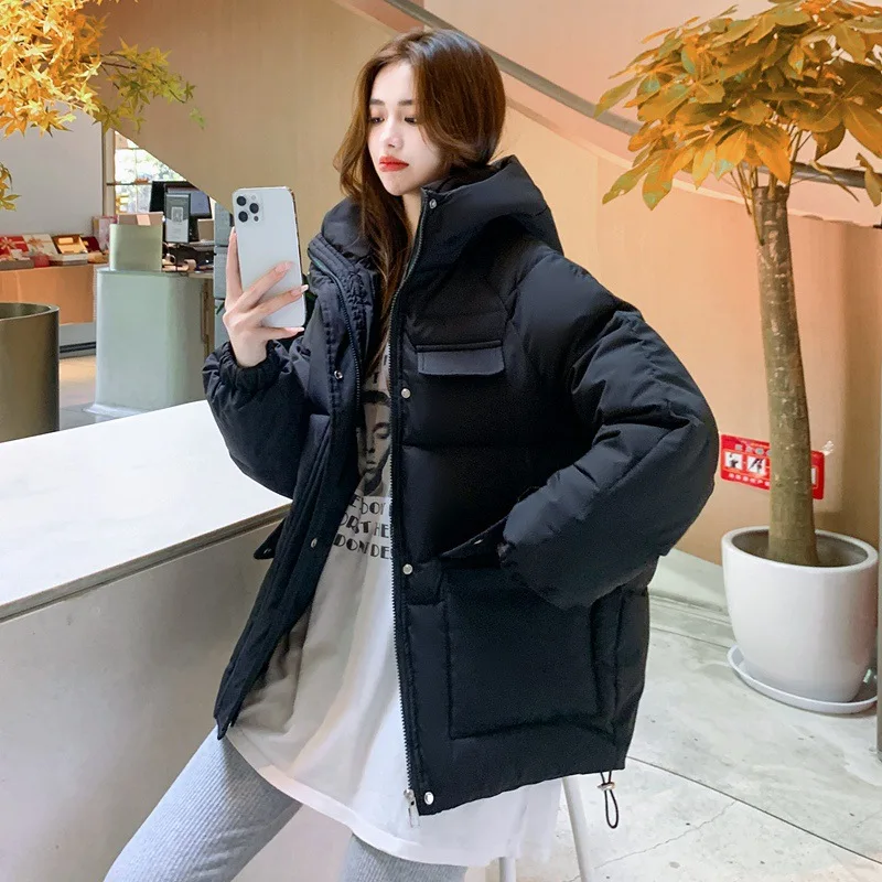 Abrigo de algodón para mujer, Parkas acolchadas, chaqueta con capucha, abrigo grueso cálido a prueba de viento para invierno, abrigo con cremallera y botones cubiertos, ropa de calle