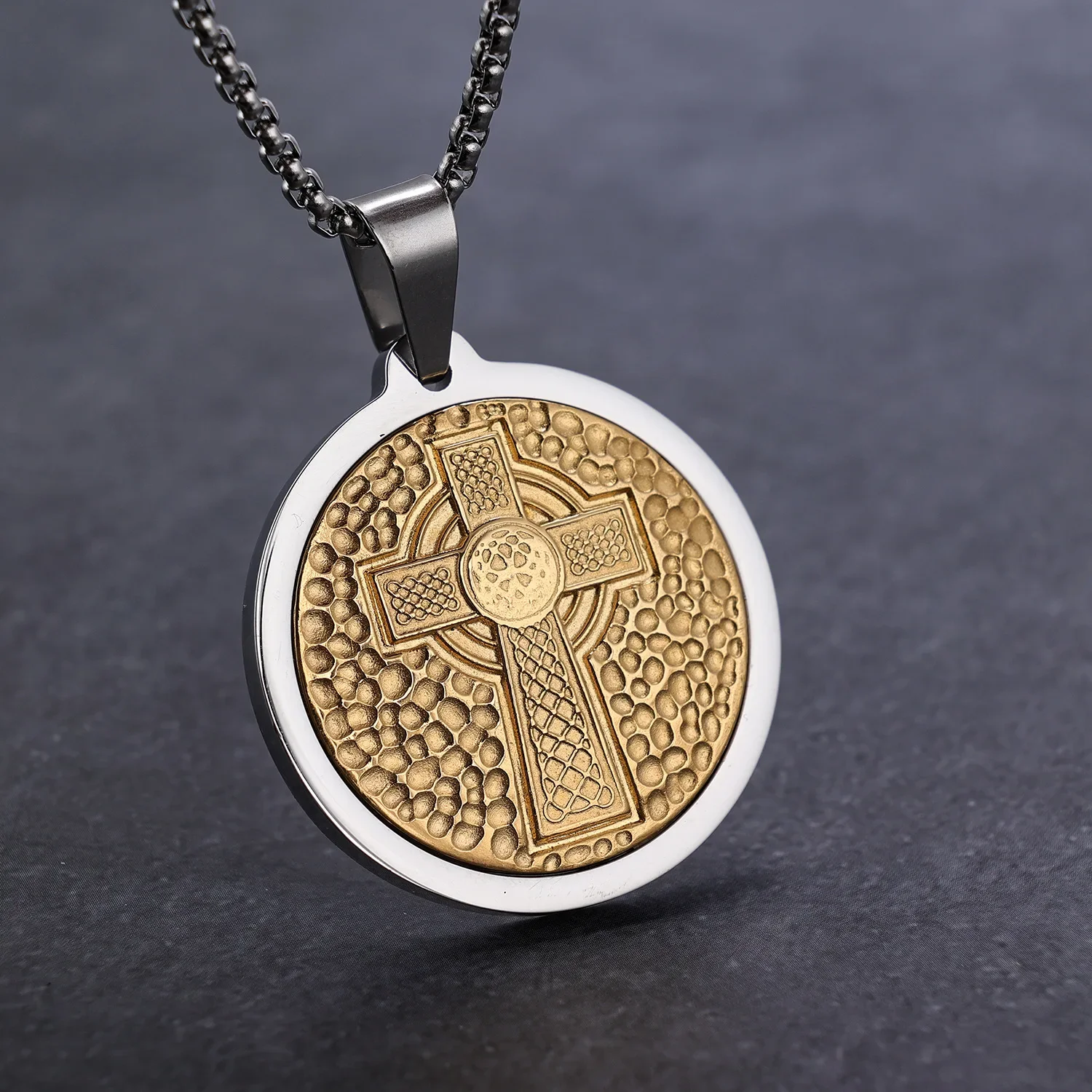 

Personalized Viking Celtic Cross Round Hanging Tag Stainless Steel Pendant Men's Necklace