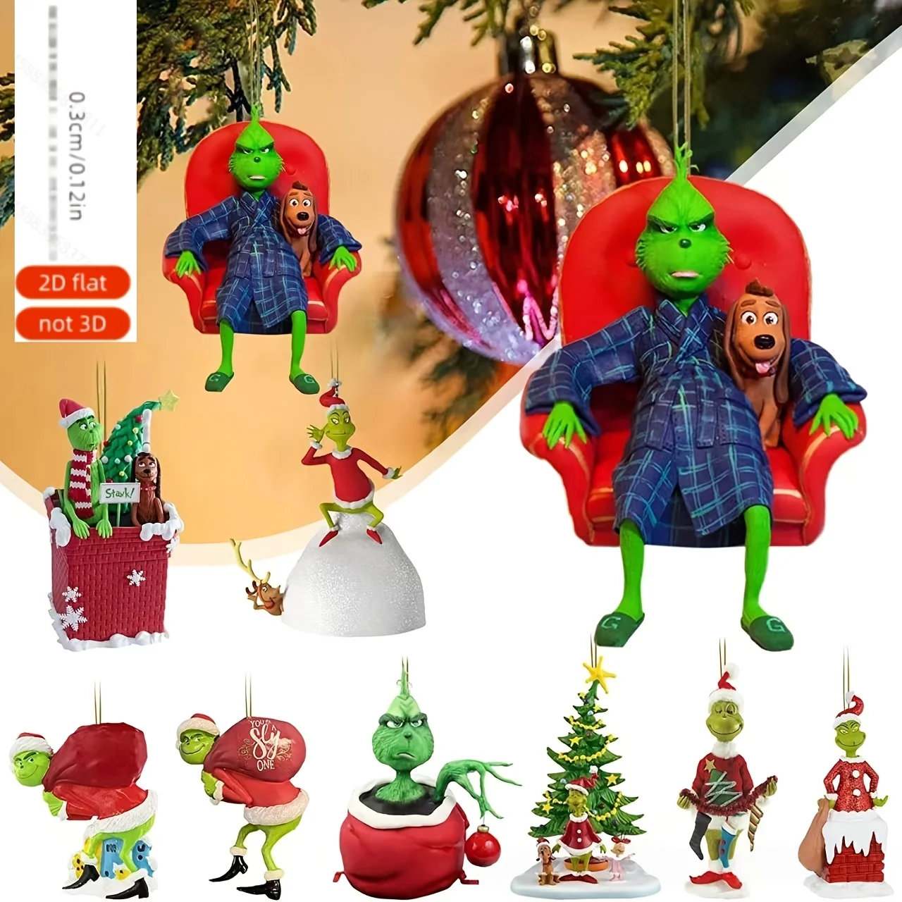 2DFlat 9pcs Grinch Christmas Ornament,Christmas Tree Decoration,with Hanging Ornament,Christmas Gift,Halloween Gift,Random Style