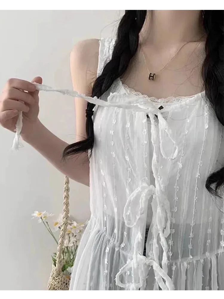 Mid-Length Lace Vest Dress Women\'s Inner Wear Layering Skirt Curtain Belt High Waist Korean Style Commute U-Neck H-Shape Dress